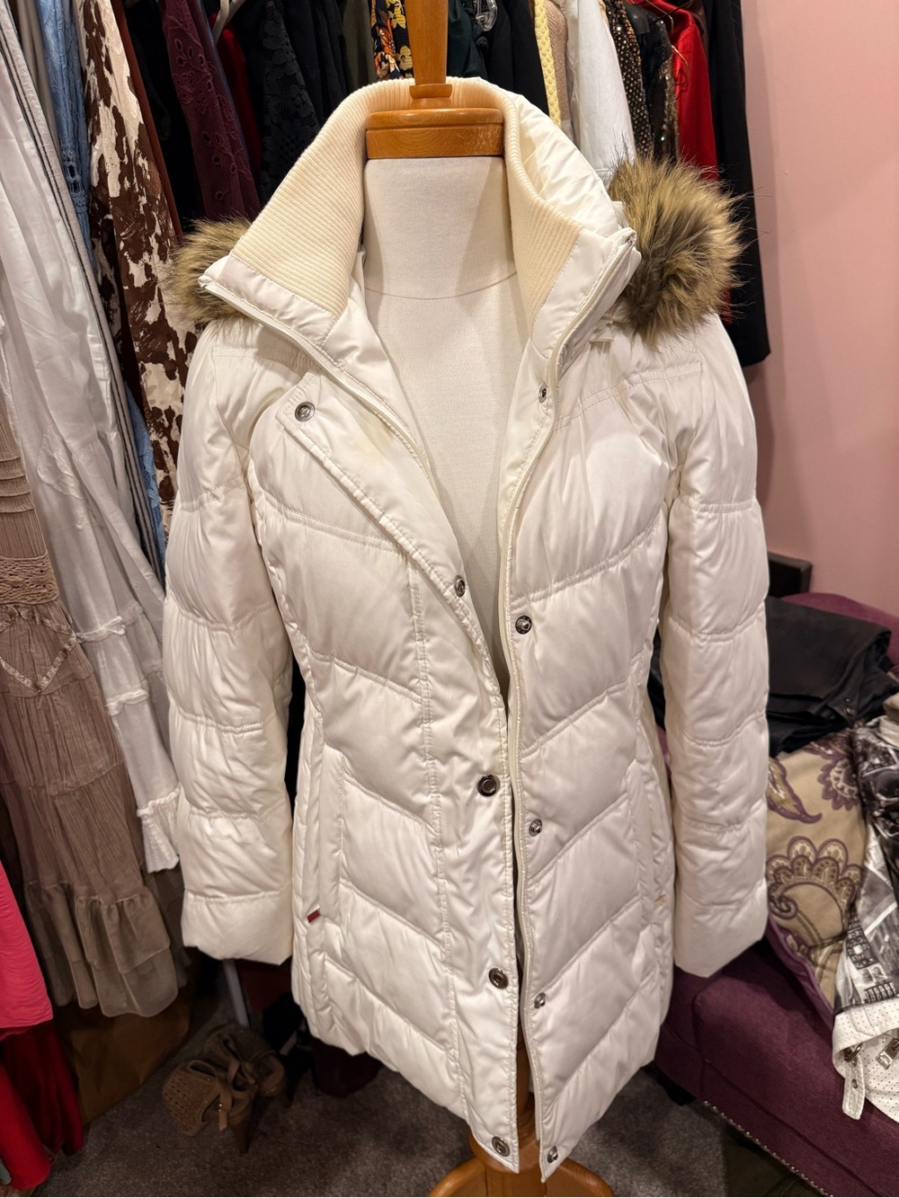 London Fog Cream Quilted Puffer Coat with Faux-Fur Trim Hood